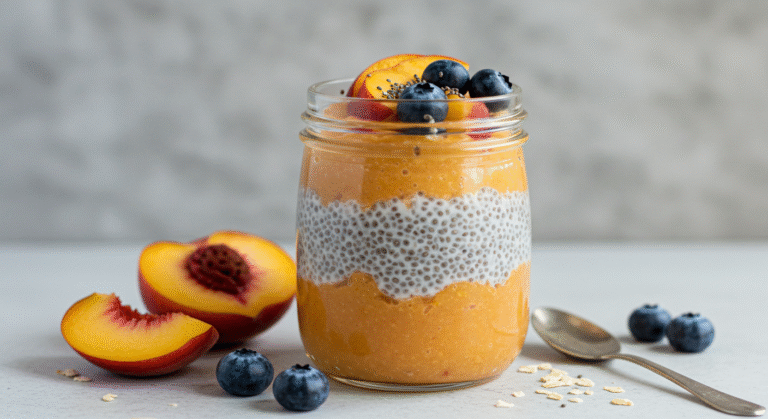 Peach Chia Pudding with Coconut Milk and Fresh Peach Puree (Dairy-Free & Sugar-Free)